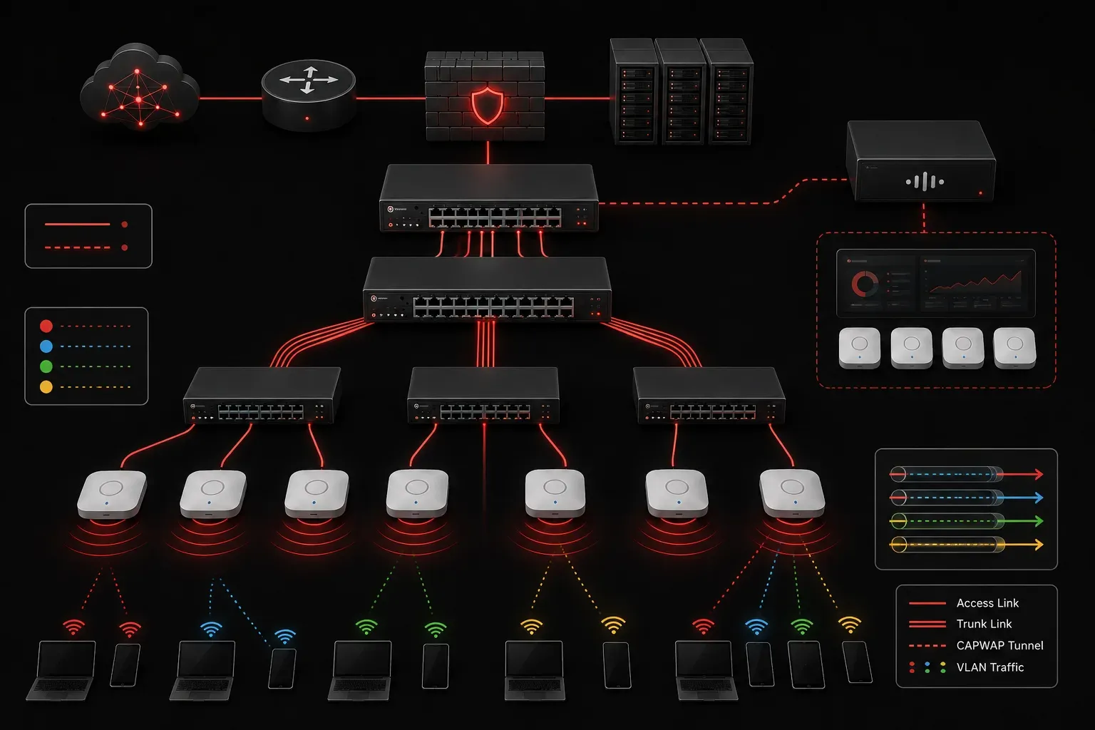 How Access and Trunk Ports Connect WLAN Components